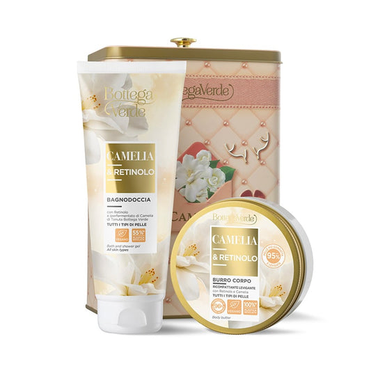 Coffret Caixa de Metal Camelia e Retinolo Gel de Banho e Creme de Corpo