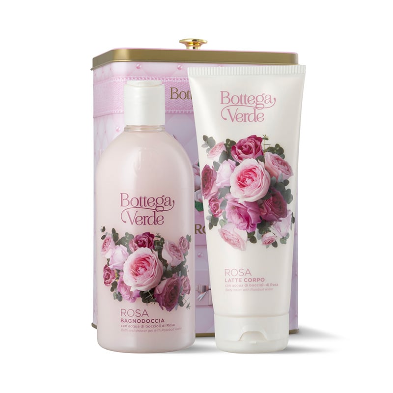 Coffret Caixa de Metal Rosa Gel de Banho e Leite Corporal