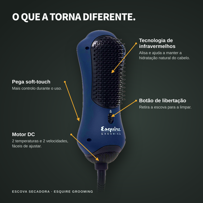 Escova Secadora Esquire Grooming com tecnologia de infravermelhos, botão para retirar a escova, pega soft-touch e motor DC