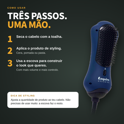 Como usar a Escova Secadora Esquire Grooming: secar com a toalha, aplicar o produto de styling e dar forma com a escova