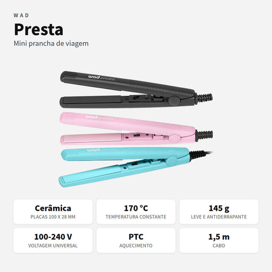 Mini prancha Presta Wad em preto, rosa e azul, com placas em cerâmica e 170 °C