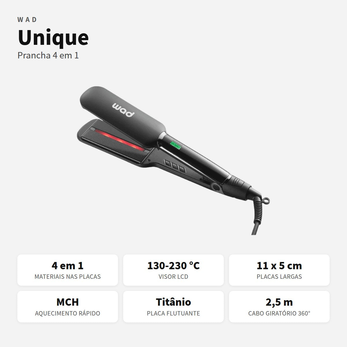 Prancha 4 em 1 Unique Wad com raios infravermelhos e 130 a 230 °C
