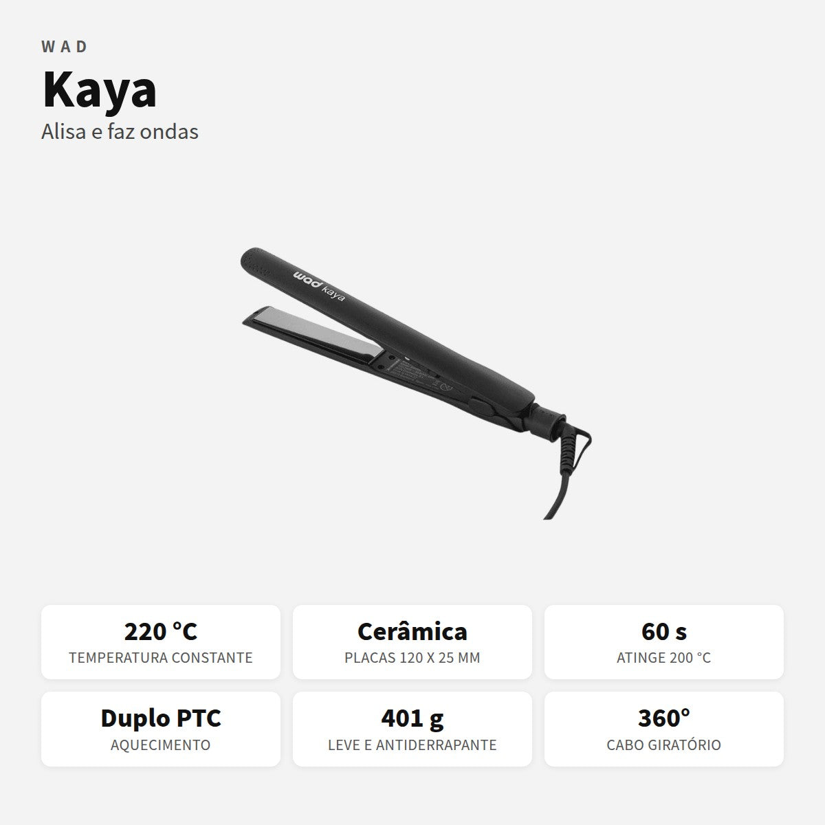 Prancha Kaya Wad com placas em cerâmica, 220 °C e duplo PTC