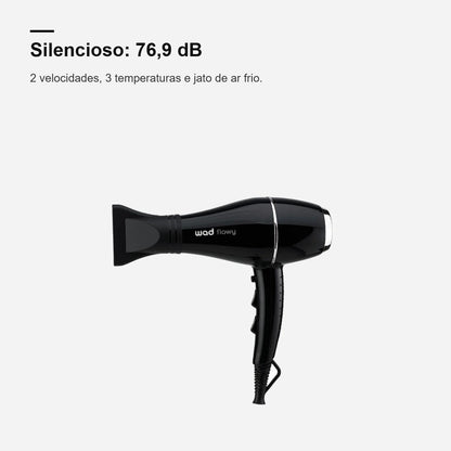 Secador Flowy Black Wad silencioso, com 2 velocidades e 3 temperaturas